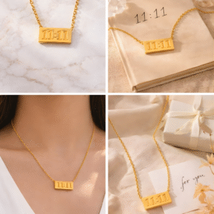 11:11 angel number gold pendant necklace shown in lifestyle and gift styling collage