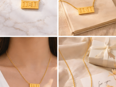 11:11 angel number gold pendant necklace shown in lifestyle and gift styling collage