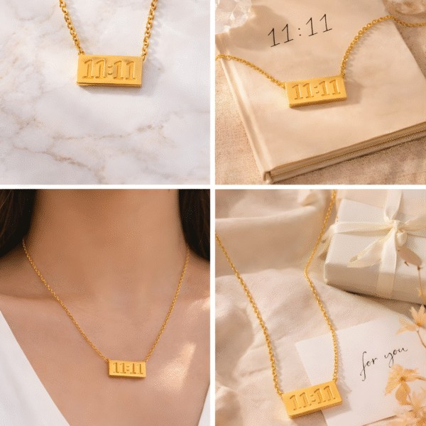 11:11 angel number gold pendant necklace shown in lifestyle and gift styling collage