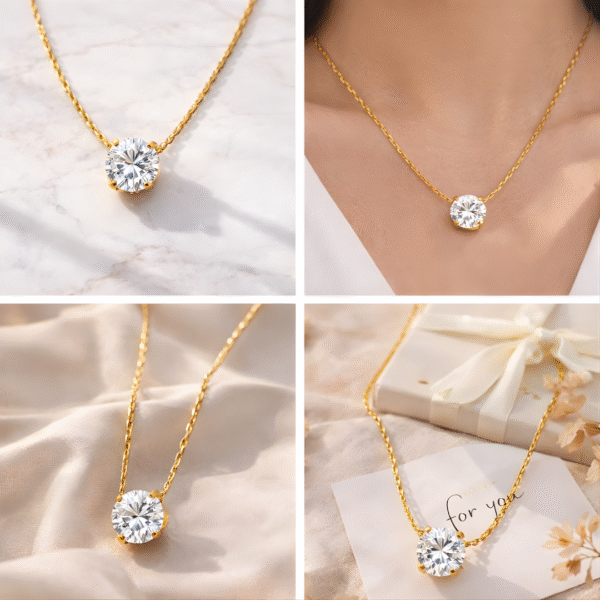 Gold solitaire AD stone pendant necklace shown in lifestyle, on-neck, and gift styling collage