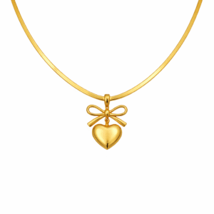 Gold bow heart pendant necklace with polished heart charm on snake chain