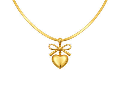 Gold bow heart pendant necklace with polished heart charm on snake chain