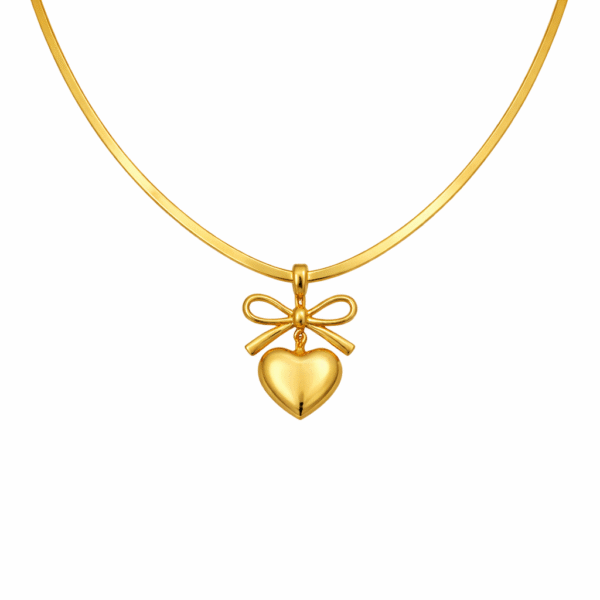 Gold bow heart pendant necklace with polished heart charm on snake chain