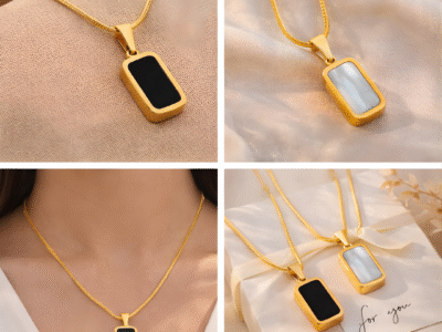 Gold black and white bar pendant necklace shown in lifestyle, on-neck, and gift styling collage