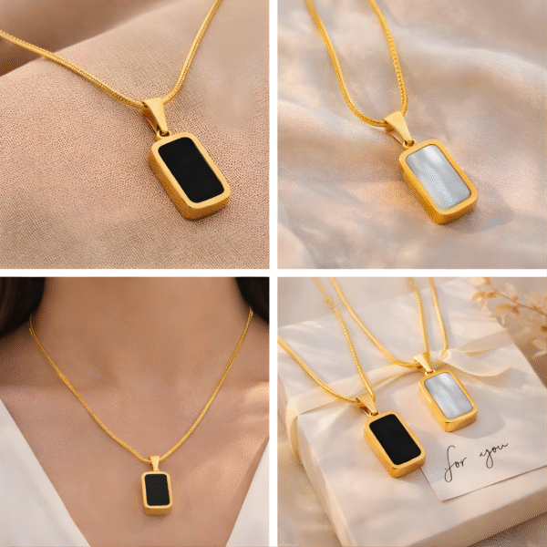 Gold black and white bar pendant necklace shown in lifestyle, on-neck, and gift styling collage