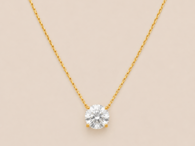 NAMIKA classic solitaire pendant necklace for women featuring a brilliant round crystal on a gold stainless steel chain, anti tarnish, waterproof, hypoallergenic minimalist everyday jewellery.