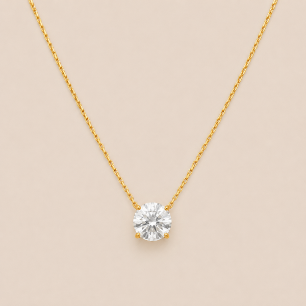 NAMIKA classic solitaire pendant necklace for women featuring a brilliant round crystal on a gold stainless steel chain, anti tarnish, waterproof, hypoallergenic minimalist everyday jewellery.