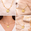 Gold clover pendant necklace with crystal accent shown in lifestyle and gift styling collage