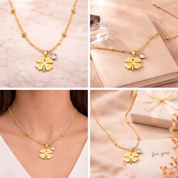 Gold clover pendant necklace with crystal accent shown in lifestyle and gift styling collage