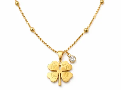 Gold Plated Clover Charm Necklace with AD stone