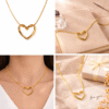 Gold hollow heart pendant necklace shown in lifestyle, on-neck, and gift styling collage