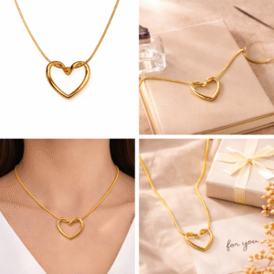 Gold hollow heart pendant necklace shown in lifestyle, on-neck, and gift styling collage