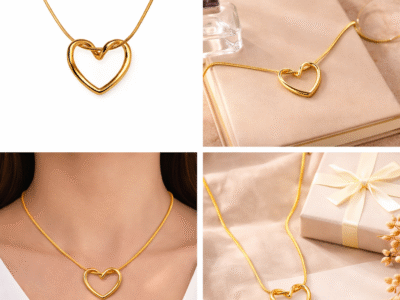 Gold hollow heart pendant necklace shown in lifestyle, on-neck, and gift styling collage