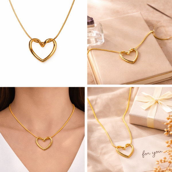 Gold hollow heart pendant necklace shown in lifestyle, on-neck, and gift styling collage