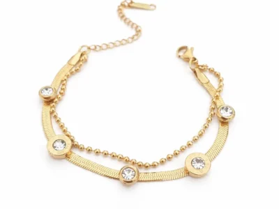 Gold CZ stationed snake chain bracelet made of stainless steel, anti-tarnish waterproof hypoallergenic bracelet for women