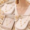Gold multi bow charm necklace with crystal accents shown in lifestyle and gift styling collage