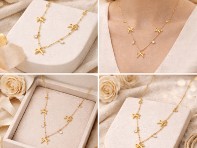 Gold multi bow charm necklace with crystal accents shown in lifestyle and gift styling collage