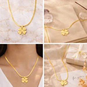 Golden clover pendant necklace in gold finish made of stainless steel, anti-tarnish and waterproof lucky charm necklace for women
