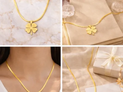 Golden clover pendant necklace in gold finish made of stainless steel, anti-tarnish and waterproof lucky charm necklace for women