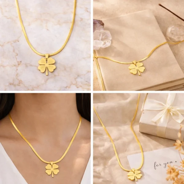 Golden clover pendant necklace in gold finish made of stainless steel, anti-tarnish and waterproof lucky charm necklace for women