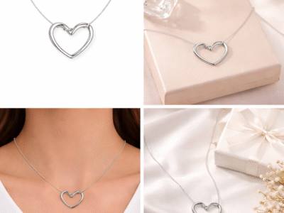 Silver Hollow heart pendant necklace shown in lifestyle and gift styling collage
