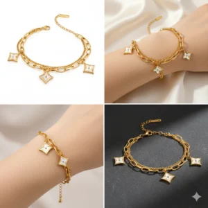 Gold geometric charm bracelet with layered chains, stainless steel anti tarnish waterproof hypoallergenic bracelet for women