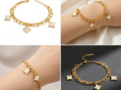 Gold geometric charm bracelet with layered chains, stainless steel anti tarnish waterproof hypoallergenic bracelet for women