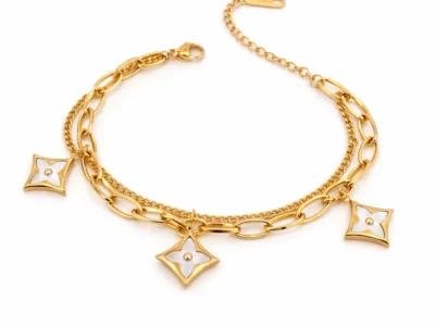 Gold charm chain bracelet with geometric motifs, stainless steel anti tarnish waterproof hypoallergenic bracelet for women
