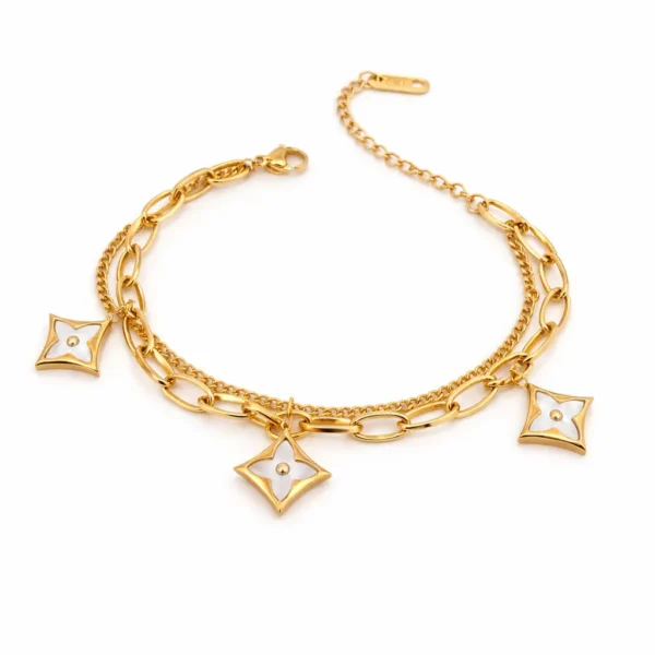 Gold charm chain bracelet with geometric motifs, stainless steel anti tarnish waterproof hypoallergenic bracelet for women