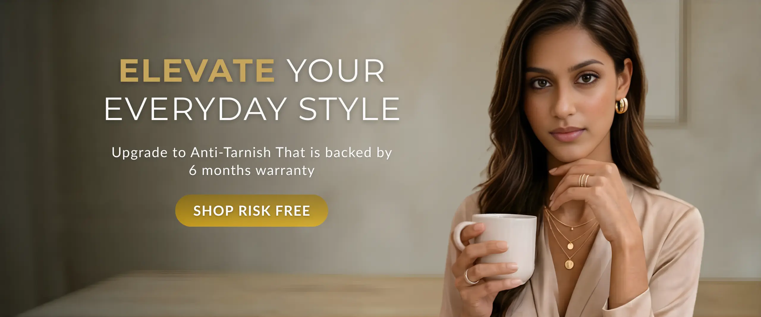 Minimalist anti-tarnish gold jewellery worn by elegant woman, everyday waterproof stainless steel jewellery for modern women