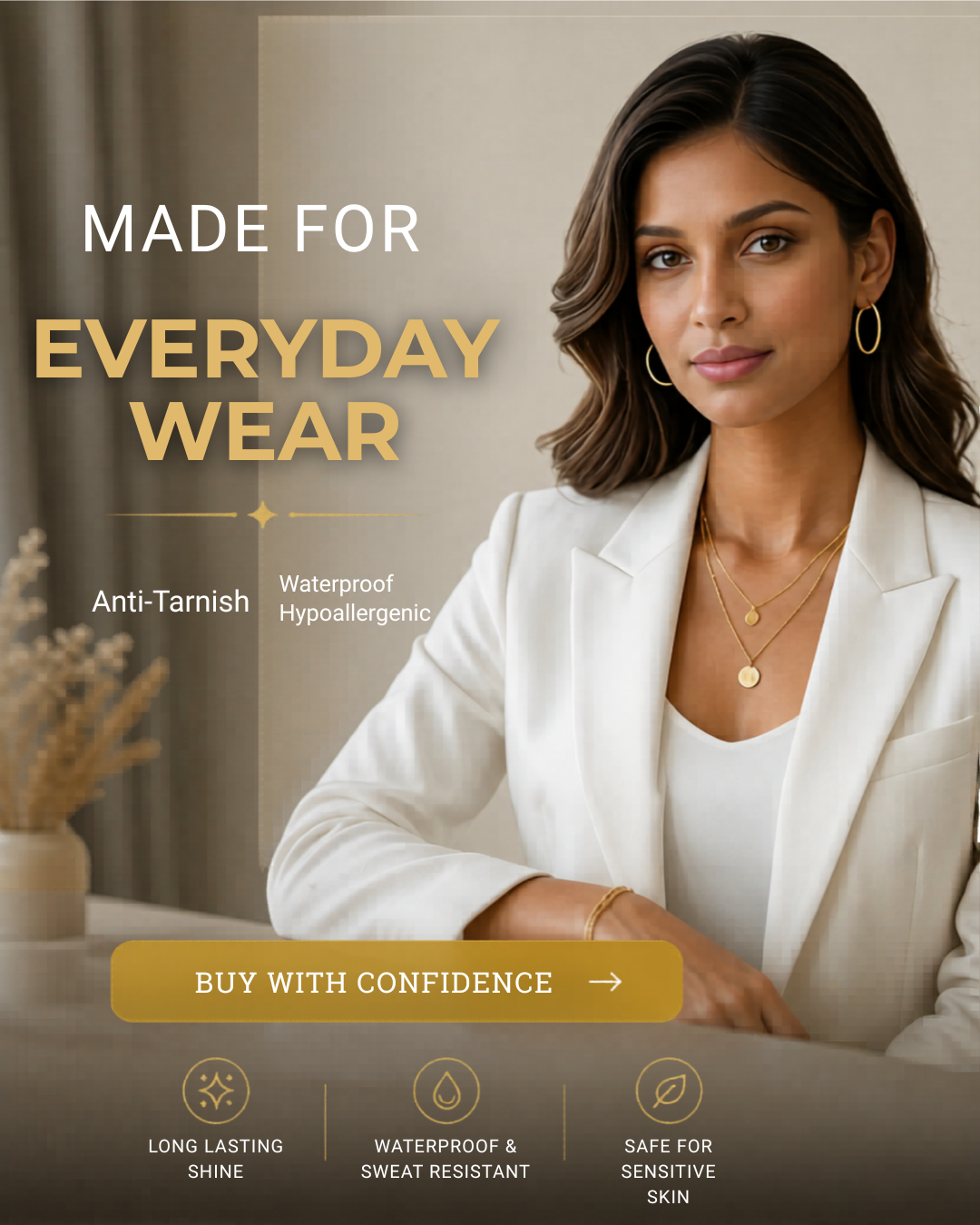 Everyday wear anti tarnish waterproof hypoallergenic gold jewellery for women office wear India