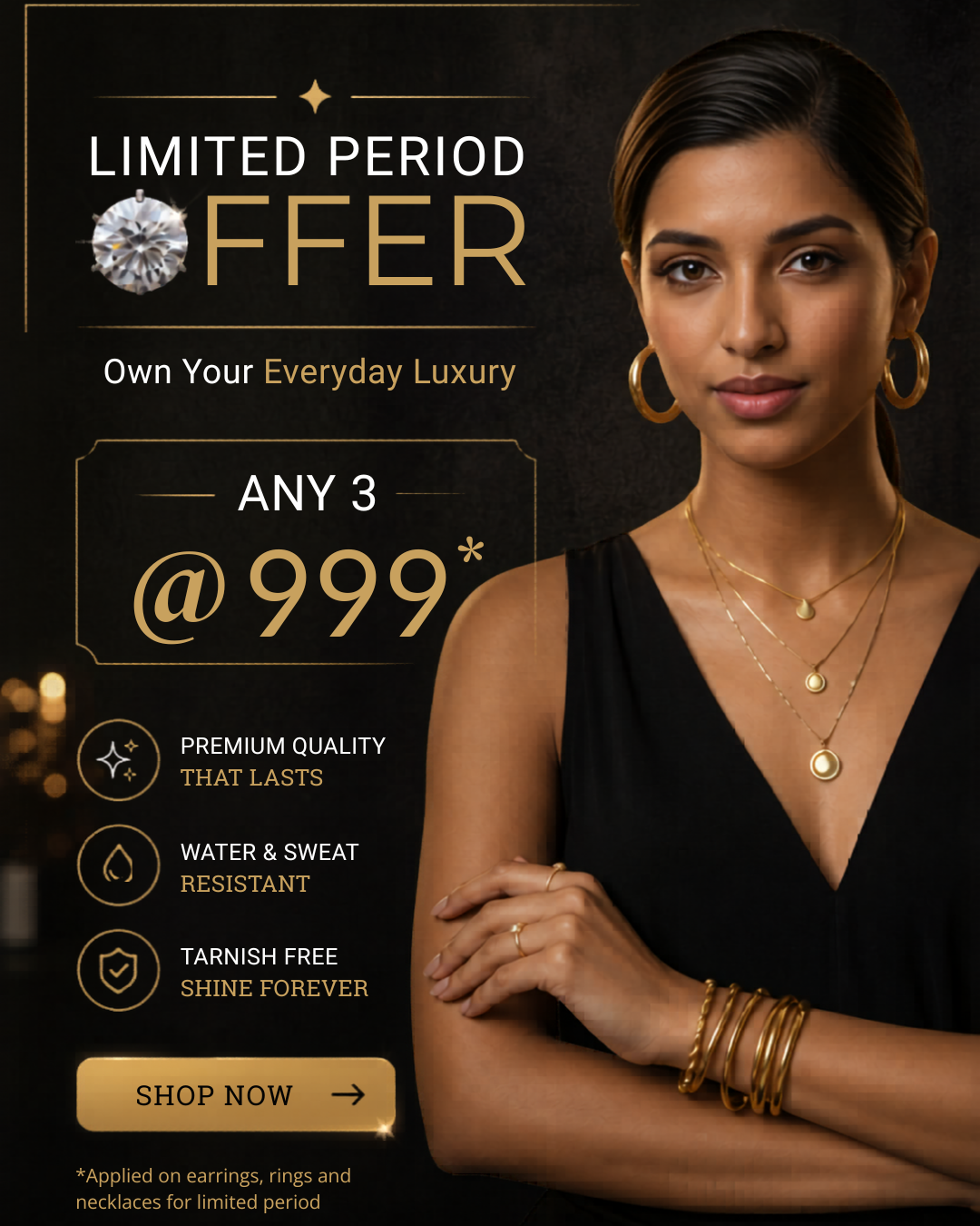 Any 3 jewellery at 999 offer India anti tarnish gold jewellery combo deal women limited period sale